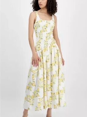 Avec Les Filles White Maxi Dress with Yellow Lemon & Green Leaf Print
